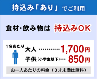 食材・飲み物持ち込みありの場合　大人1200円　小学生以下600円 3才未満のお子様は無料